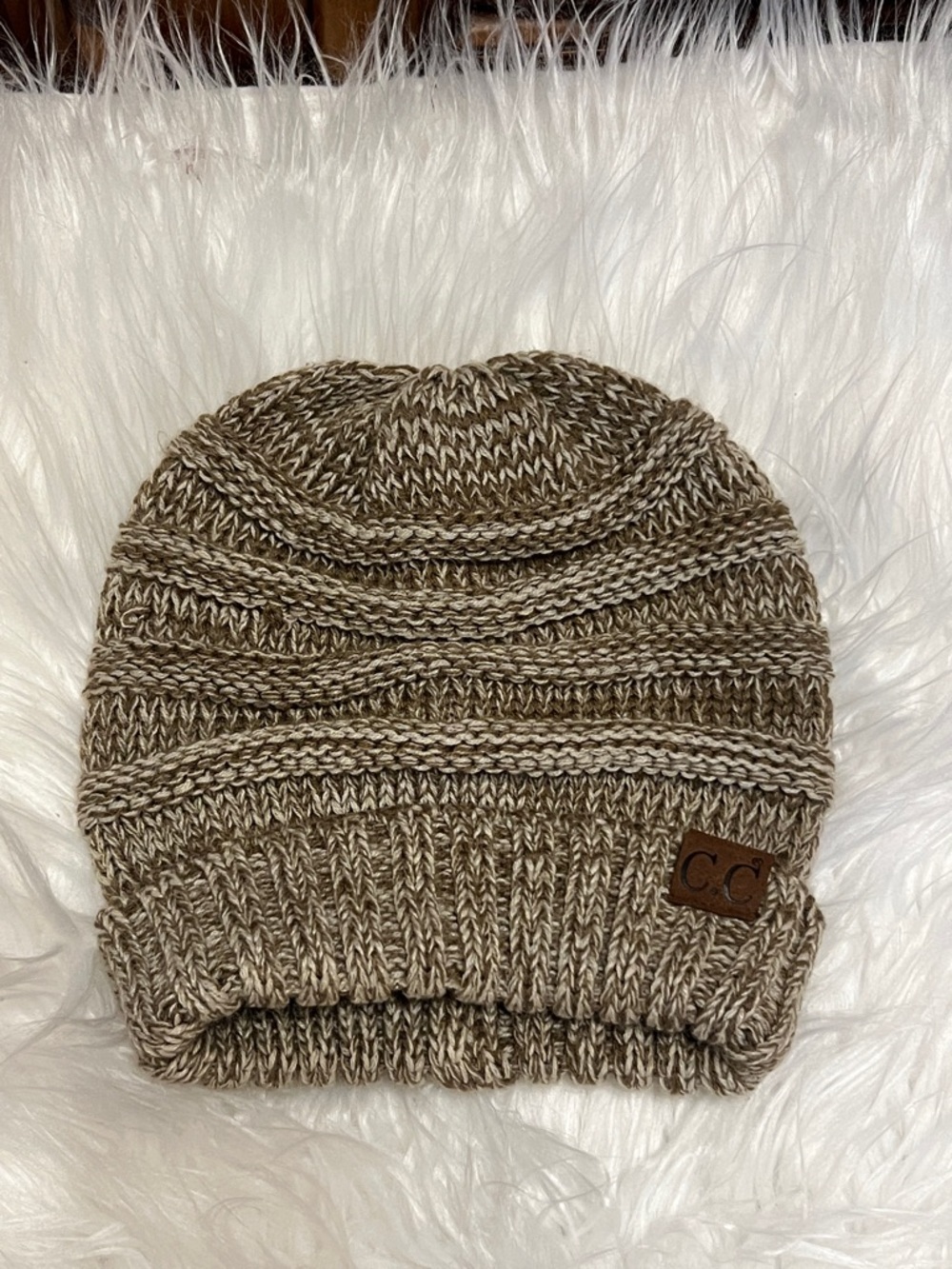 C.C Marled Knit Beanie in Taupe and Cream - Picture 3 of 7